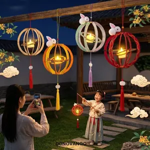 Đèn lồng lễ hội trung thu DONOVANQQ, Túi chất liệu DIY Đèn lồng thỏ lăn vẽ tay, Đèn lồng thỏ thủ công phát sáng phong cách truyền thống di động Lễ hội trung thu