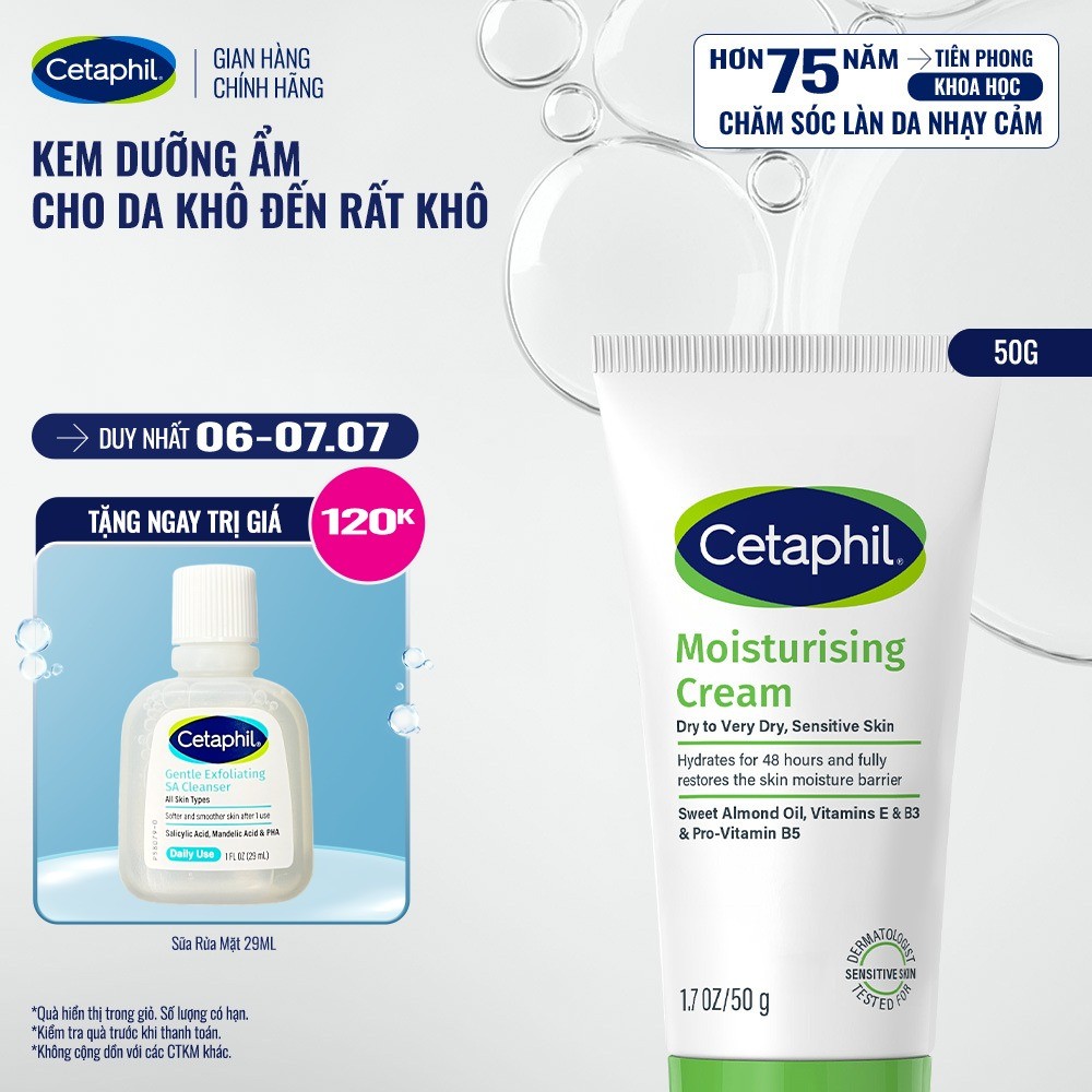 Kem dưỡng ẩm dịu lành cho da nhạy cảm cấp ẩm sâu đến 48H Cetaphil Moisturizing Cream 50g