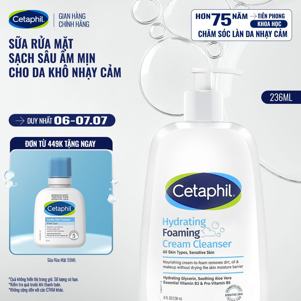 Sữa rửa mặt tạo bọt dịu lành cho da khô nhạy cảm Cetaphil Hydrating Foaming Cream Cleanser 236ml