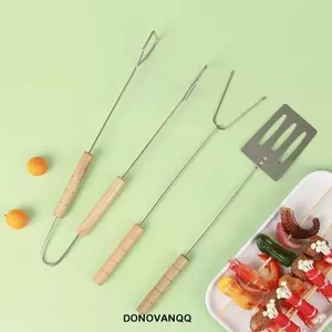 DONOVANQQ Bộ 3 thìa nướng BBQ, Dụng cụ nướng thịt có tay cầm dài bằng gỗ không gỉ, Dụng cụ nướng thịt dày chịu nhiệt để cắm trại ngoài trời