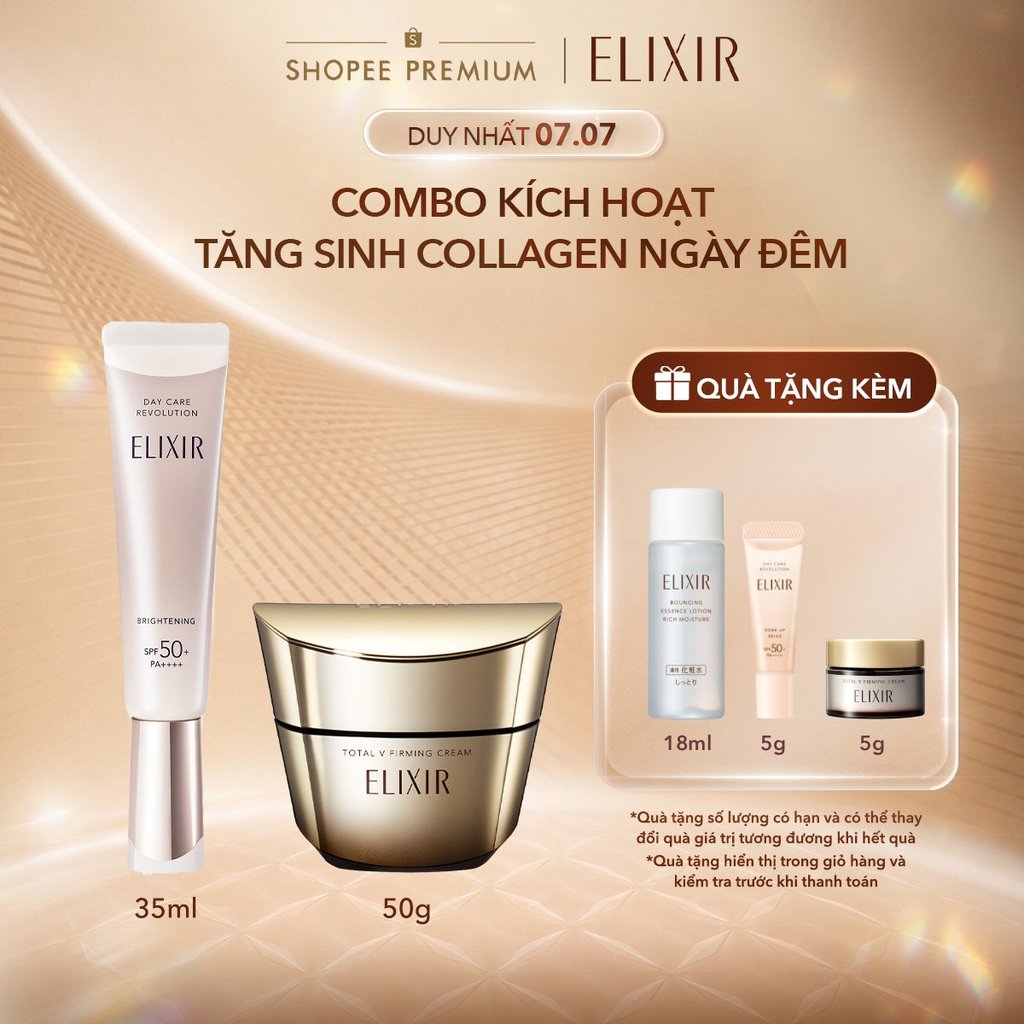 COMBO Kem dưỡng cải thiện chảy xệ ngăn ngừa lão hóa ELIXIR TOTAL V FIRMING CREAM 50g + Sữa chống nắng dưỡng sáng da ngăn
