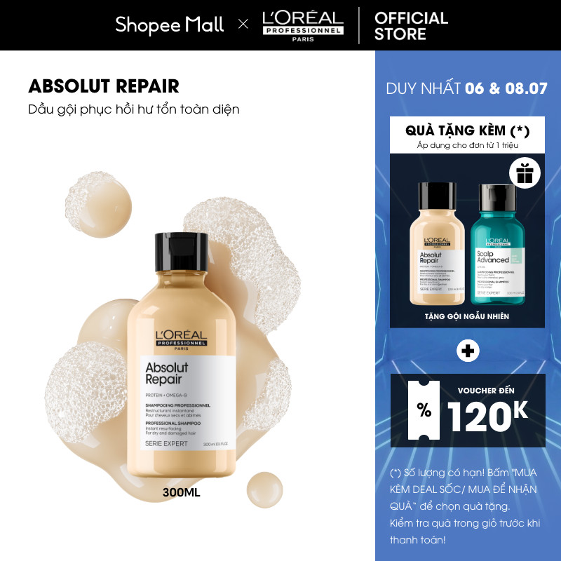 Dầu gội dưỡng tóc mềm mượt & phục hồi hư tổn toàn diện chuyên nghiệp Absolut Repair Gold 300ml - Dành cho tóc khô xơ, hư