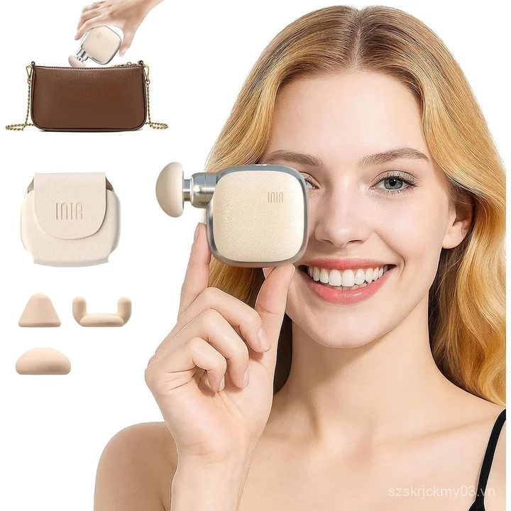 Súng Massage Mini INIA PocketForce - Bộ gõ công suất cao, nhỏ hơn 75% để giảm toàn thân, Súng mát xa mô sâu cầm tay có vỏ da & 3 đầu để sử dụng du lịch & văn phòng,
