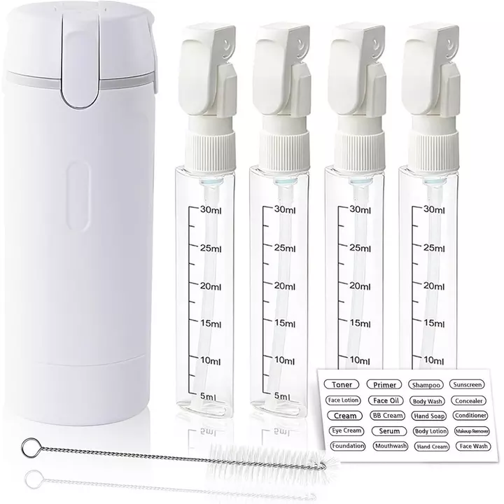 Bình đựng đồ du lịch 4 trong 1 có bàn chải làm sạch, 4 gói 30ml Hộp đựng đồ vệ sinh cỡ du lịch có thể đổ lại chống rò rỉ cho dầu xả dầu gội, Bộ chai du lịch di động cho Vacat