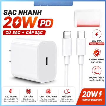 Bộ sạc nhanh 20W PD cho 5 - 14PRM (củ sạc + cáp sạc). Sạc 60p lên 80% Pin - Cốc sạc Type C, Dây sạc 20W sạc siêu nhanh