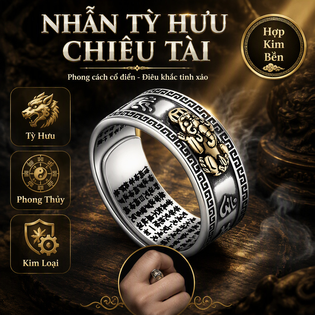 Nhẫn Phong Thủy Tỳ Hưu Chiêu Tài Giữ Tài Kim Loại Khắc Chữ Tinh Xảo Điều Chỉnh Size Trang Sức Đeo Tay Tặng Quà Ý Nghĩa