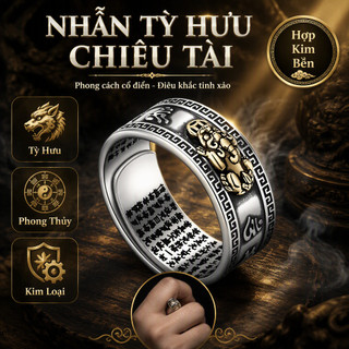 Nhẫn Phong Thủy Tỳ Hưu Chiêu Tài Giữ Tài Kim Loại Khắc Chữ Tinh Xảo Điều Chỉnh Size Trang Sức Đeo Tay Tặng Quà Ý Nghĩa