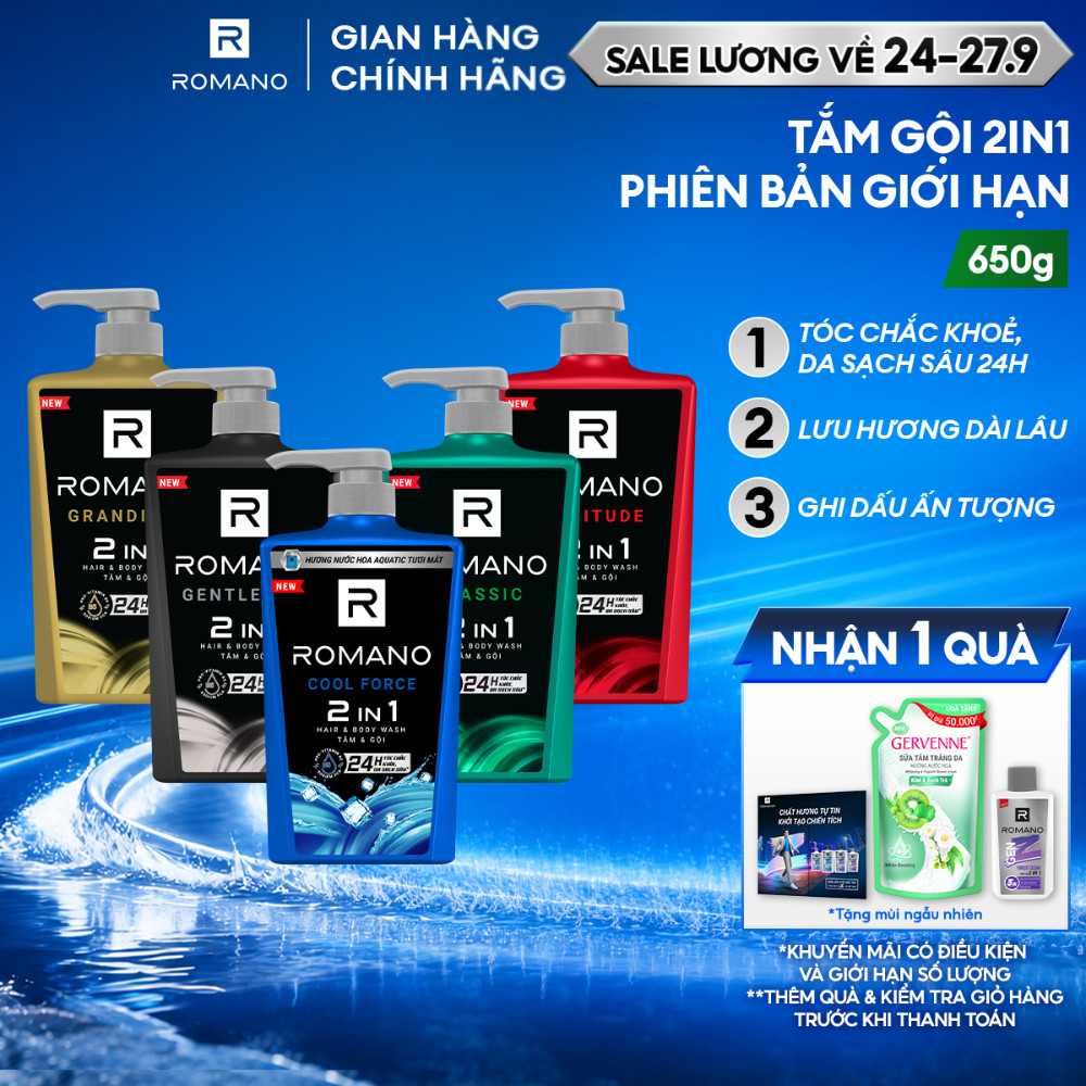 [SVIP] Tắm gội cho nam 2 trong 1 hương Nước hoa nam Romano 2in1 650g/chai