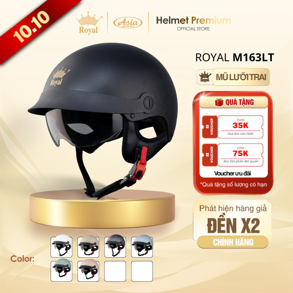 Mũ Bảo Hiểm Nữa Đầu Royal M163 Kính Âm Lưỡi Trai, Nón Bảo Hiểm1/2 Nam Nữ Kính Âm Bảo Hành 12 Tháng