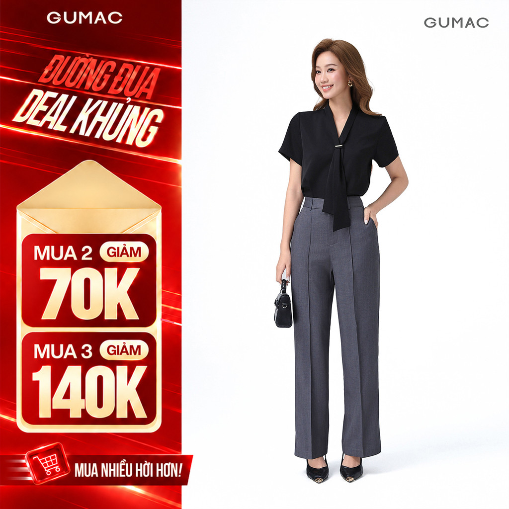 [VOUCHER 70K] Quần Ống Suông Nữ 98cm GUMAC Quần Tây Công Sở Lưng Cao May Ly Chất Xược Hàn Tôn Dáng LQF0714