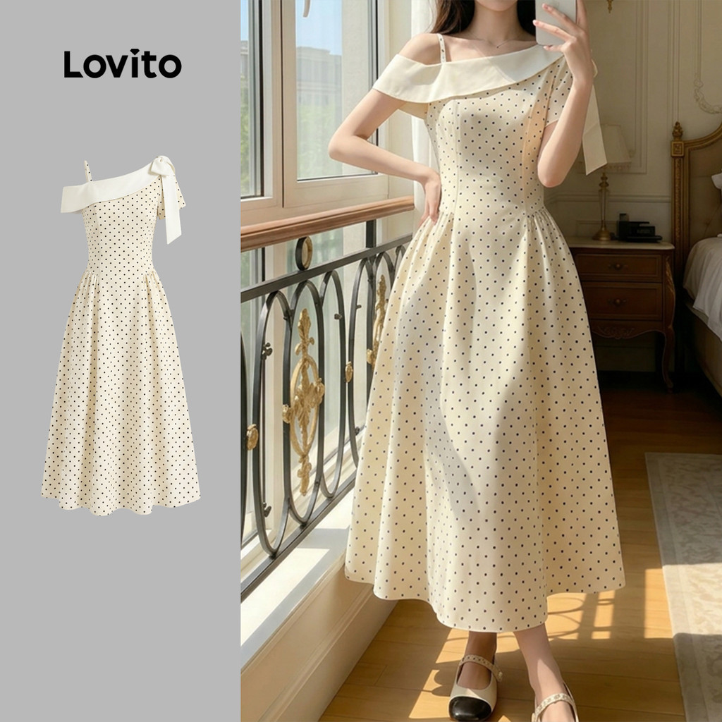 Đầm nữ Lovito trắng xuân hè bất đối xứng hở vai phong cách thường ngày DRK8P1D524
