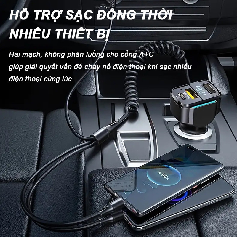 Tẩu Sạc Ô Tô 65W Cáp Lò Xo, Sạc Nhanh Đa Năng Có Đèn LED, Tương Thích Mọi Điện Thoại Máy Tính Bảng