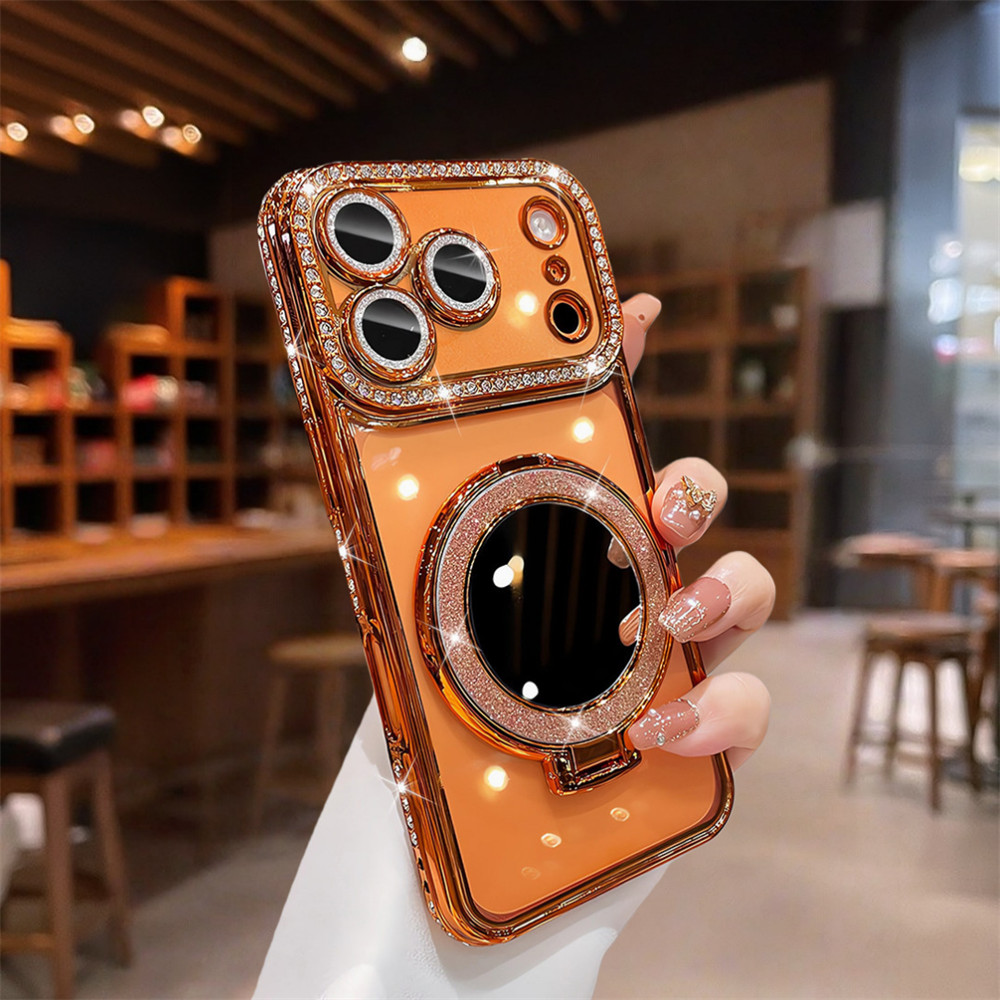 Ốp Điện Thoại Đứng Gương Kim Cương Flash Sang Trọng Cho iPhone 17 Pro Max 16 13 14 15 Pro Max Bao Gồm Bảo Vệ Ống Kính Máy Ảnh Vỏ Mềm Vỏ Điện Thoại Vỏ Bảo Vệ