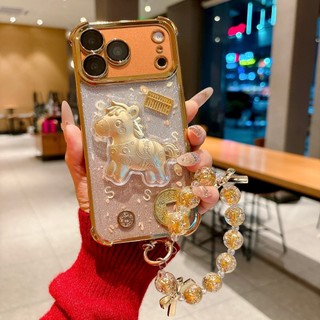 Có Tiền 3D Vàng Ngựa Bảo Vệ Ống Kính Phim Lấp Lánh Mạ Điện Thoại Cho iPhone 17Promax 17Pro 12 13 14 15 16 Pro Max 11 Silicon Mềm Wrsit Chain Vỏ Di Động