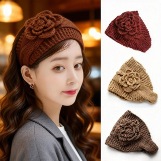 Băng đô dệt kim Camellia ấm áp mùa đông, cạnh rộng - Phụ kiện thời trang bảo vệ tai khi đi xe đạp