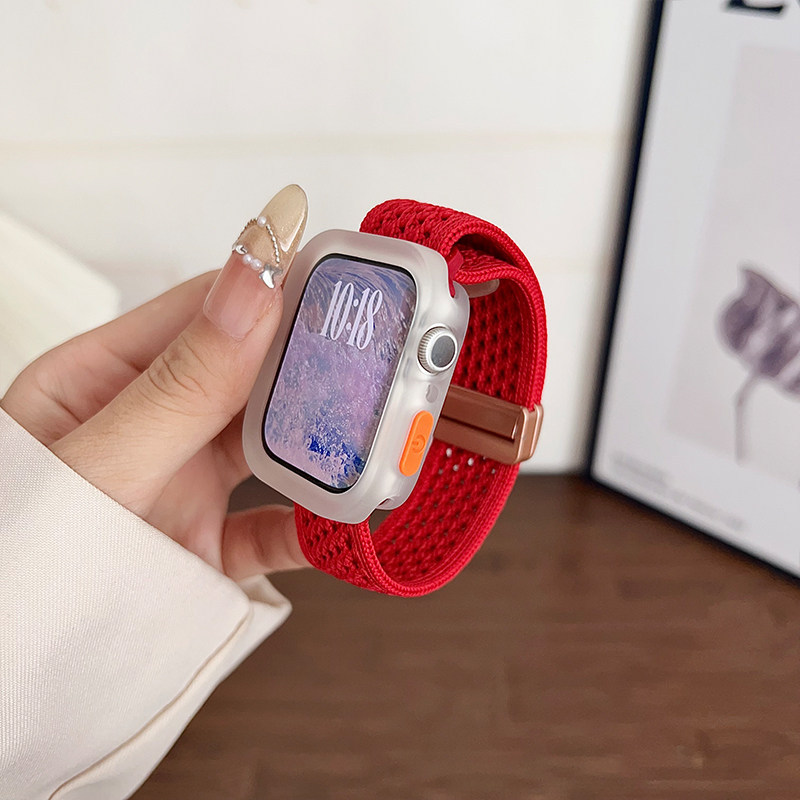 Dây đeo từ tính dệt Nylon + Vỏ silicon tương thích cho Apple Watch Series11 / 10 46mm 42mm Ultra3 / 2 / 1 49mm 40 / 41 / 44 / 45mm 9 8 7 6 5 4