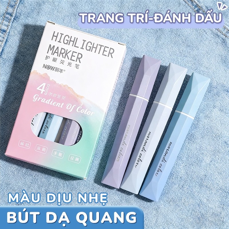 Bút highlight dạ quang pastel dịu nhẹ – Hộp 4 bút đánh dấu gradual dễ thương, lý tưởng cho học sinh ghi chú sáng tạo