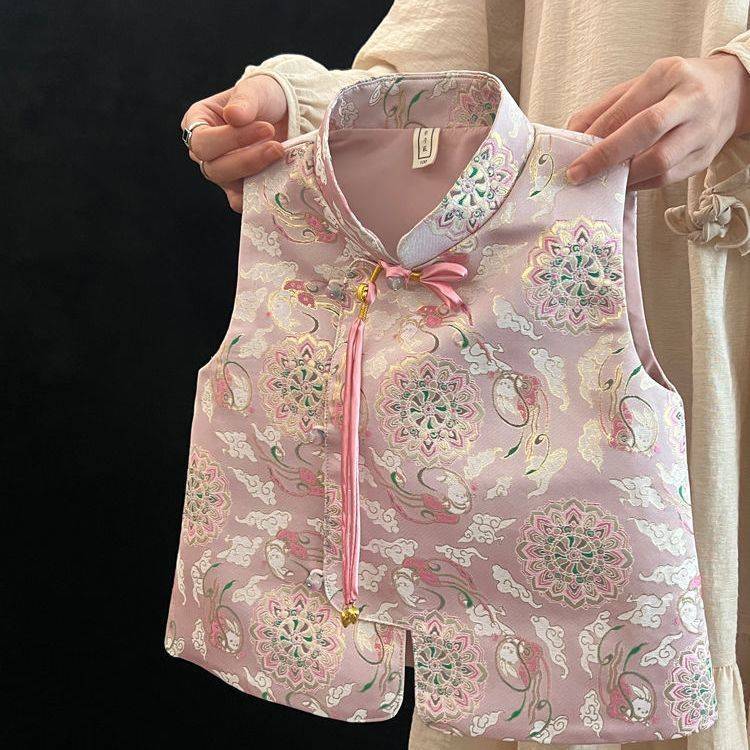 Bé Gái Phong Cách Trung Hoa Áo Vest Phong Cách Trung Hoa Mới Hanfu Phong Cách Mới Nhỏ Vừa Trẻ Em Bé Jacquard Đường Phù Hợp Với Sườn Xám Áo Vest Trẻ Em Áo Khoác