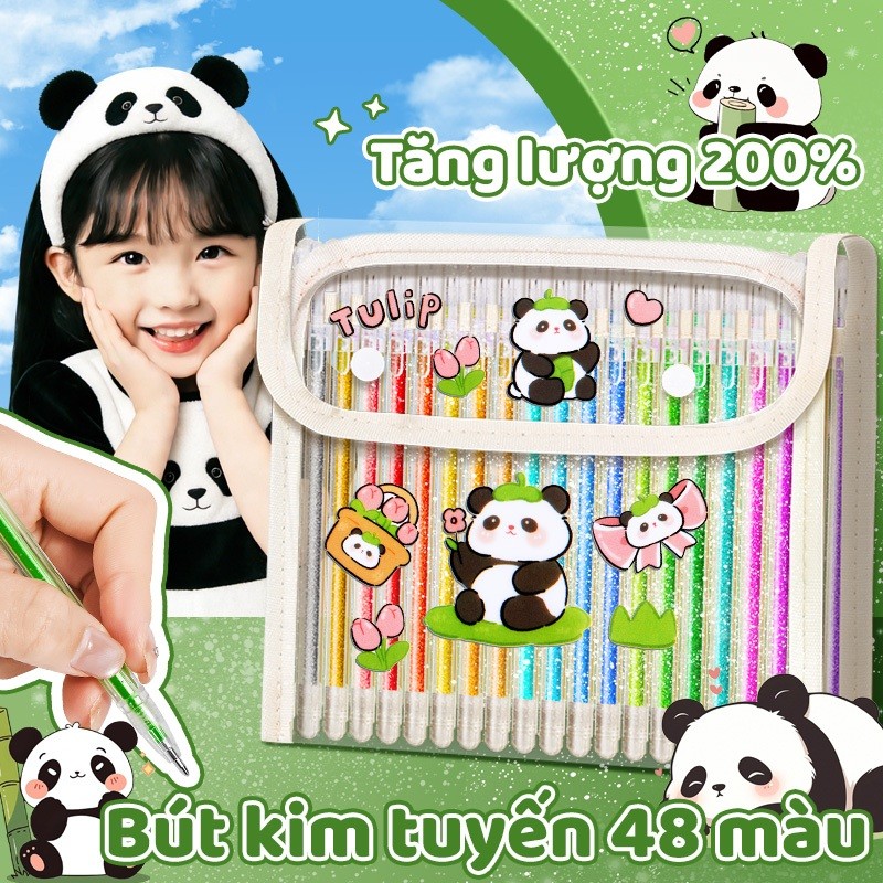 Bút highlight nhiều màu kim tuyến sống động, kết hợp độ sáng và độ bền, bộ 48 cây được tặng sticker gấu trúc