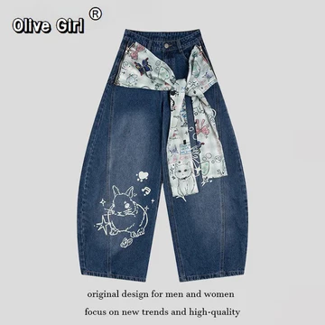 ZH [Còn hàng] Quần jeans ống rộng nữ 2026 kiểu Mỹ cổ điển mới, thiết kế độc đáo, họa tiết graffiti, thắt khăn, ống rộng cong, quần jeans ống rộng dáng suông, quần jeans ống rộng in họa tiết, quần thườ