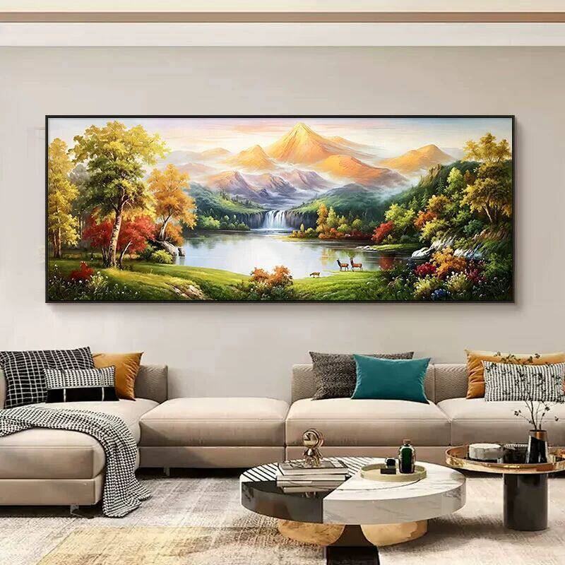 Phong Thủy Lưng Núi Vàng Canvas Treo Tường Nghệ Thuật Không Khung Bát Kho Báu Trang Trí Phong Cảnh Cho Phòng Khách