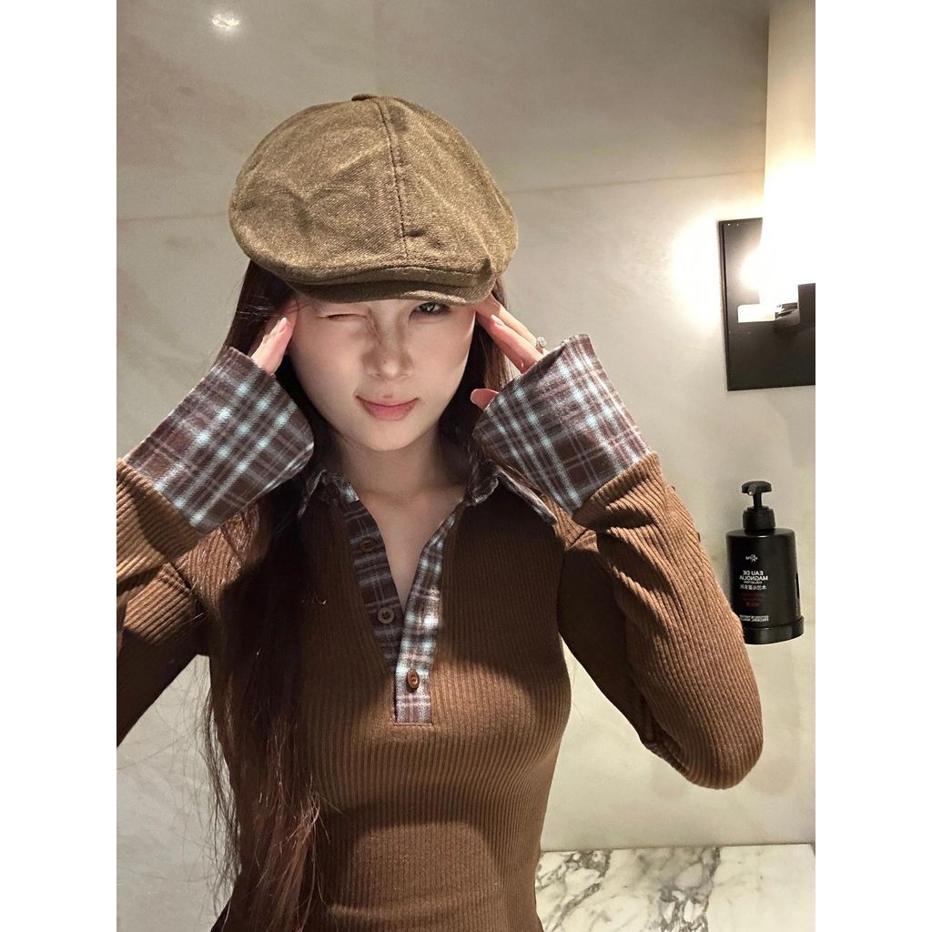 POLO Khâu Dài Tay Kẻ Sọc Thiết Kế Mùa Đông Phong Cách Mới Mùa Đông Retro Slim-fit Hot Girl Base Top