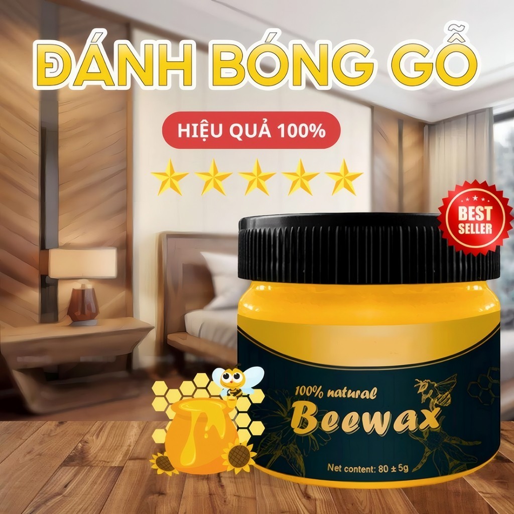 Sáp Ong Đánh Bóng Đồ Gỗ Sàn Gỗ BEEWAX 80gr, Sáp Tự Nhiên Làm Mới Phục Hồi Màu Gỗ B-àn Ghế Tủ Cửa Gỗ.