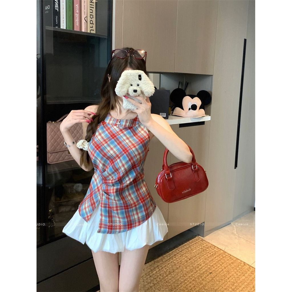 Milyfashion Ba Lê Phong Cách Mới Kẻ Sọc Đỏ Không Đều Dây Sling 2026 Phong Cách Mới Thắt Nút Dây Không Tay Top Y2K CIEM
