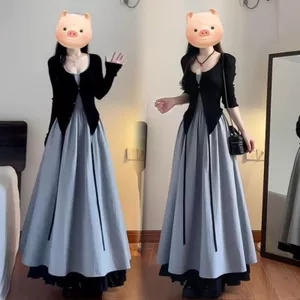 Mùa Thu Đầm Liền Cardigan Tay Dài Phong Cách Hàn Quốc Cao Cấp