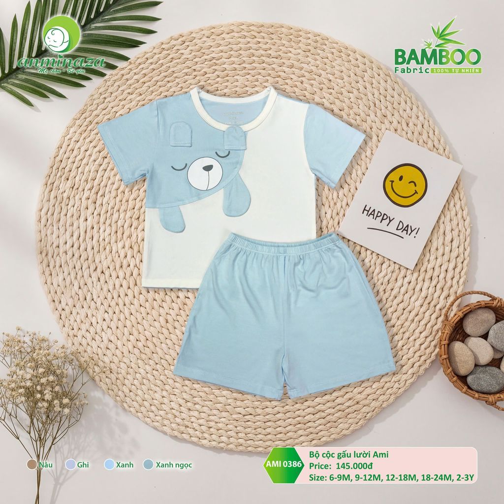 Bộ cộc tay gấu lười Ami Anminaza Vải Sợi Tre Petit Thấm Hút Thoáng Mát - Hàng Chính Hãng  AMI0386
