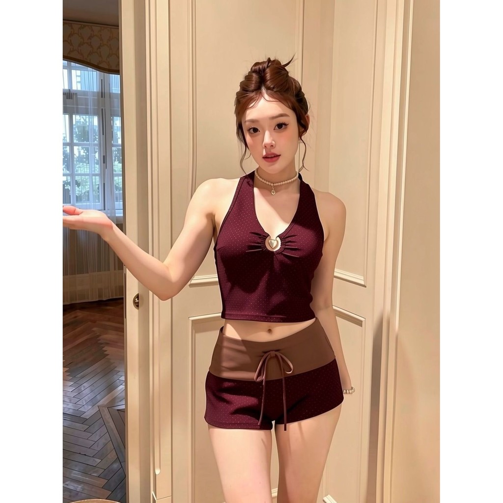 Retro Cổ Chữ V Chia Đồ Bơi Bảo Thủ Quần Short Eo Cao Kỳ Nghỉ