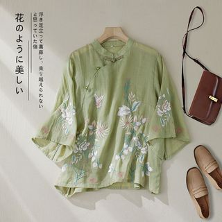 Áo sơ mi nữ đứng cổ phong cách retro, thêu nút trà, mát mẻ mùa hè