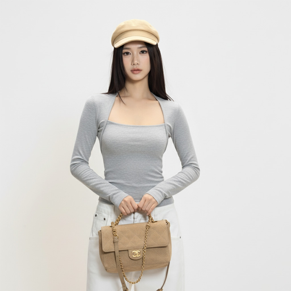 Áo Thun Nữ Ôm Cổ Vuông Tay Dài  Kiểu Cúp Ngực Cá Tính A5149222