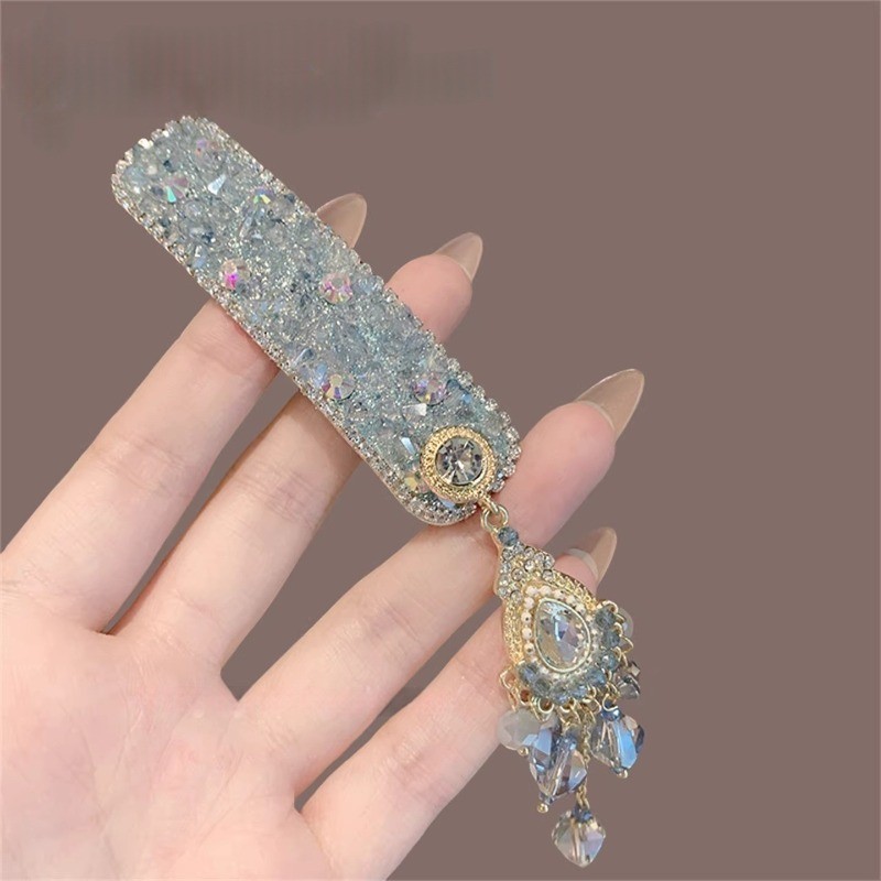 MAUROPOLI Cao Cấp Công Nghiệp Nặng Màu Xanh Full Kim Cương Pha Lê Bên Kẹp Thời Trang Retro Phong Cách Dân Tộc Tua Rua Tóc Kẹp bb Phụ Kiện Tóc Nữ