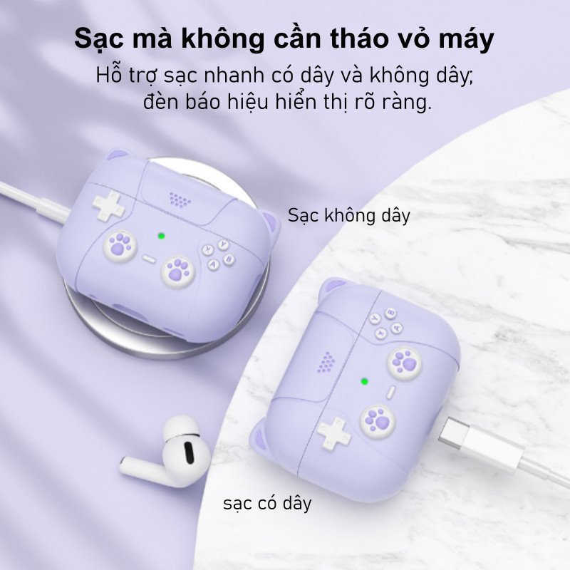 Vỏ bảo vệ tai nghe AirPods silicone chất lượng cao chống rơi chống bụi hình mèo dễ thương AirPods 3 4 màu tím hồng