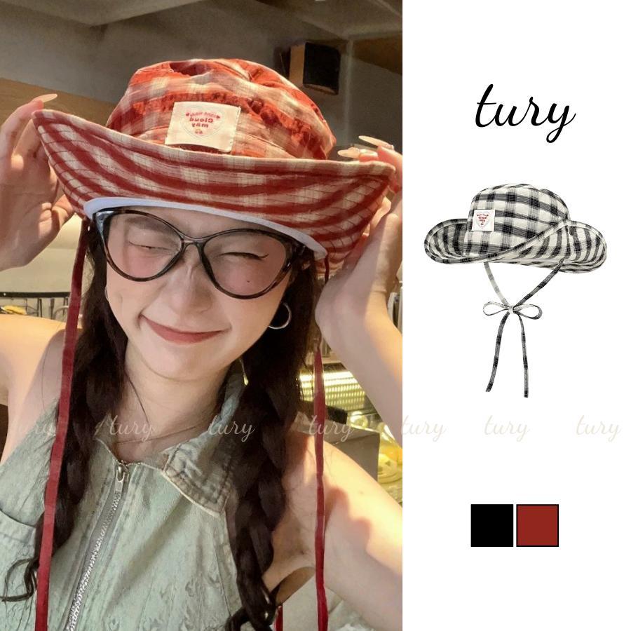 Mũ Tai Bèo Nữ - Tury - Mũ Vải Sọc Caro Buộc Dây LoGo Trái Tim - NV115