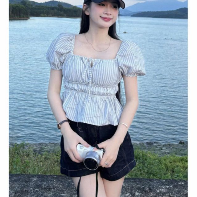 Áo Babydoll Dáng Rộng thắt nơ tay bồng tôn dáng cho nữ m600664 - Sambotique