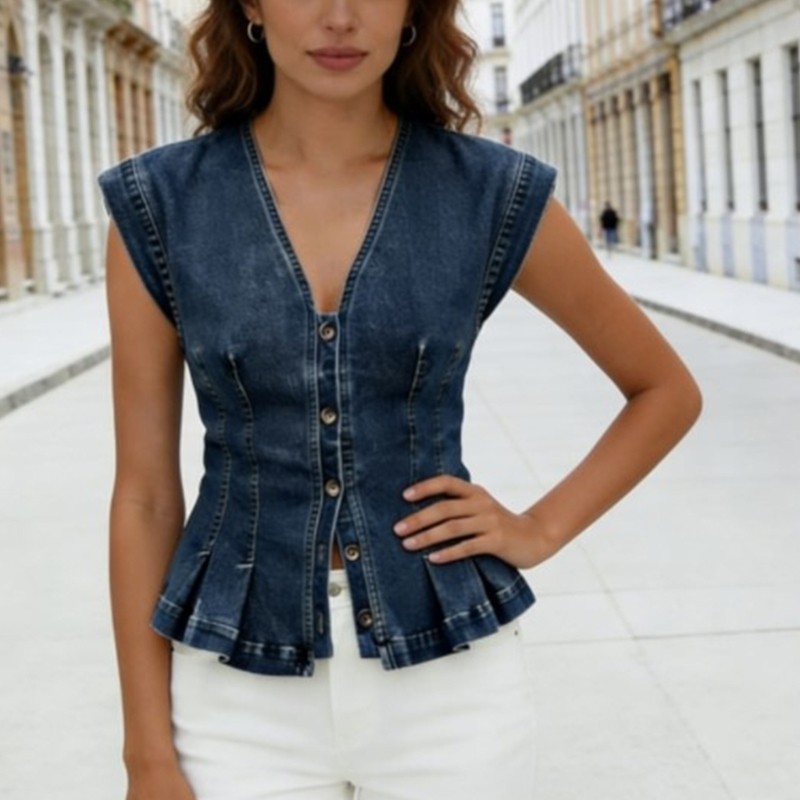 Women V Neck Jeans Pleated Vest Casual Slim Fit Short Sleeveless  Blue Black