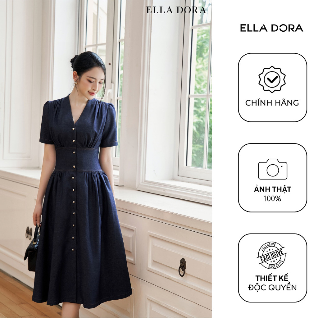 Đầm cổ V ELLA DORA form ôm rúm eo thiết kế dáng dài thanh lịch sang trọng màuXANH ĐẬM [D239]