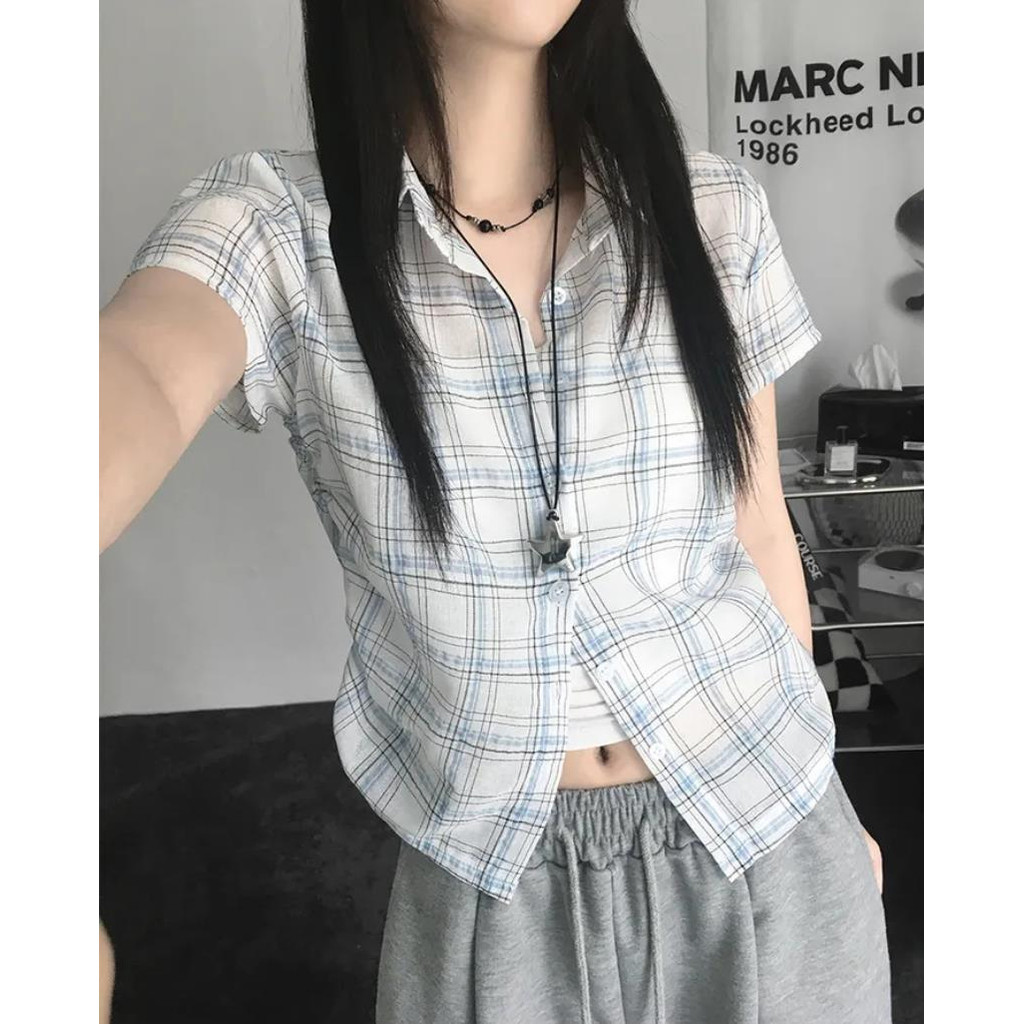 SUXI Áo sơ mi ngắn tay kẻ sọc dây rút cổ điển, phù hợp mùa hè 260324