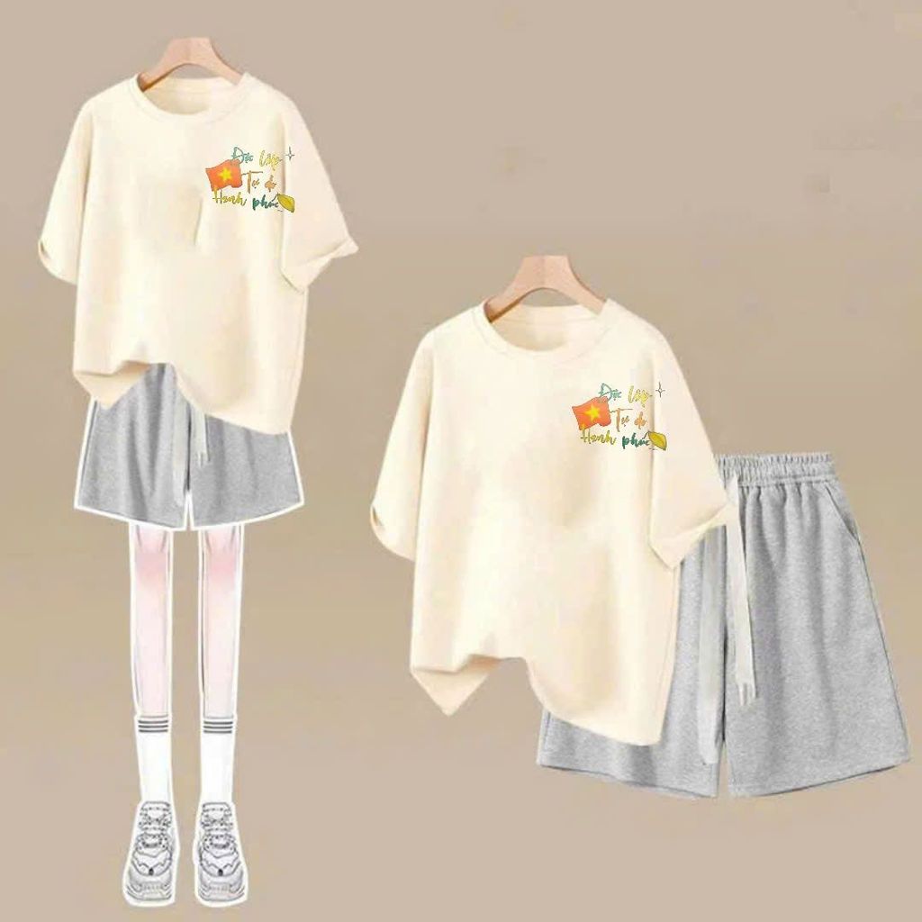 sét bộ quần đùi cộc dây bản to trơn +mix áo phông form rộng chữ ĐỘC LẬP-chang3158