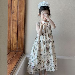 Váy liền cho bé gái họa tiết hoa nhí - váy maxi không tay phong cách vintage đi biển