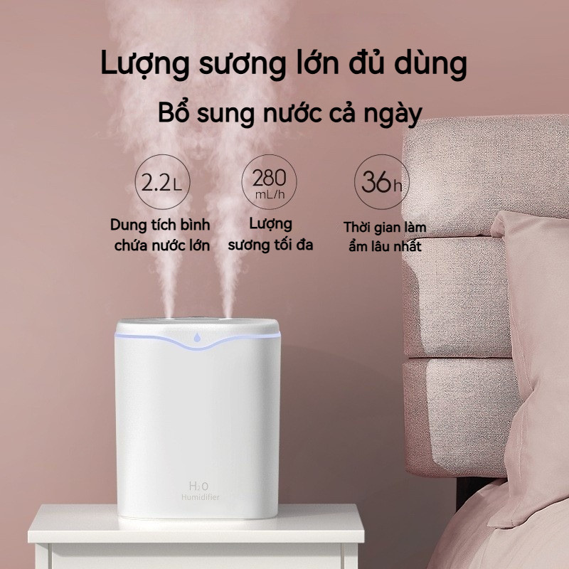 Máy tạo độ ẩm phun đôi 2.2L,Tích Hợp đèn Ngủ LED Nhiều Màu,sương mịn dưỡng ẩm,Yên Tĩnh Cho Phòng Ngủ