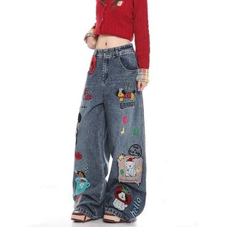 Chó Con Dễ Thương - Miếng Dán Thêu Cho Quần Jean Xanh Phối Ống Rộng Thời Trang Nữ