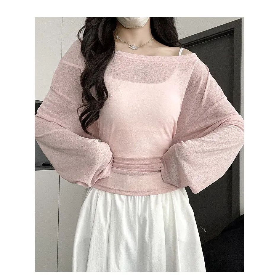 áo lưới dài tay Áo phông thoáng mát mùa hè, dây thắt eo, dáng slim-fit