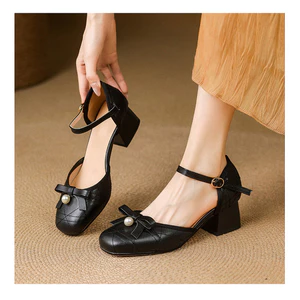 VNMZG34-39 Size Lớn Mùa Hè Giày Sandal Che Phủ Ngón Chân Bằng Dây Đeo Ngọc Trai Ngọt Nơ Trang Trí Gót Chân-Covered Nữ