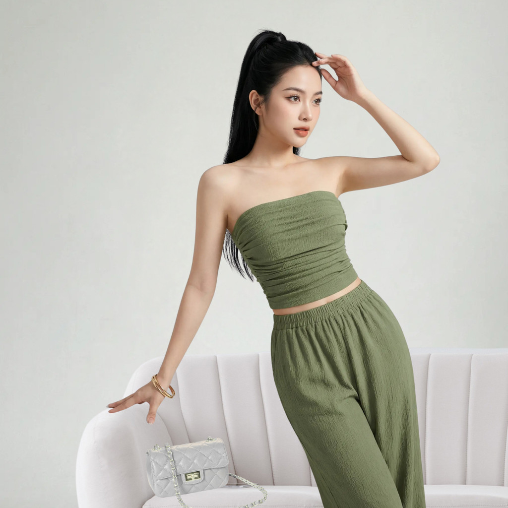 Set Áo Quây Quần Dài Nữ Vải Crepe Màu Xanh Olive
