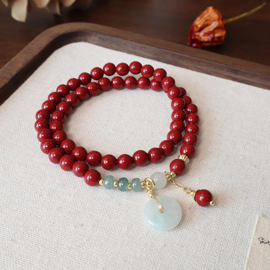 Vòng tay hình tròn đôi Cinnabar tự nhiên phong cách Trung Quốc mới