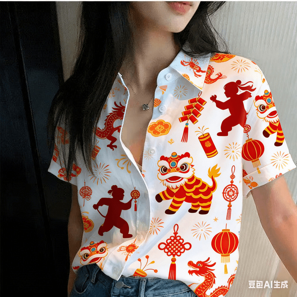 Áo sơ mi tay ngắn 3D oversize dành cho Tết Nguyên Đán