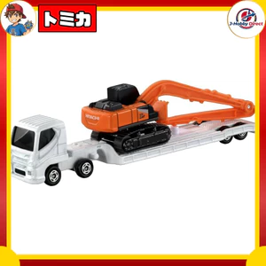 Takara Tomy Tomica Long Type Tomica No. 143 Hitachi Construction Machinery Hydraulic Excavator ZX210-7 SLF and Heavy Equipment Transporter Miniature Toy for ages 3 and up.